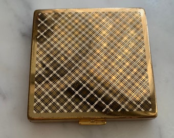 Vintage Compact Harriet Hubbard Ayer Gold Black Plaid Powder Compact Art Deco