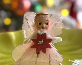 Pink Tulle Paper Mache Angel Poinsettia Angel Ornament
