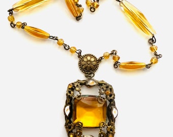 Vintage Edwardian Czech Glass Citrine Pendant Necklace 1920’s 1930’s Victorian