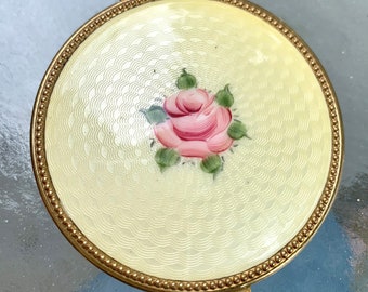 Beautiful Evans Yellow Guilloche Pink Rose Powder Rouge Compact Vintage Vanity