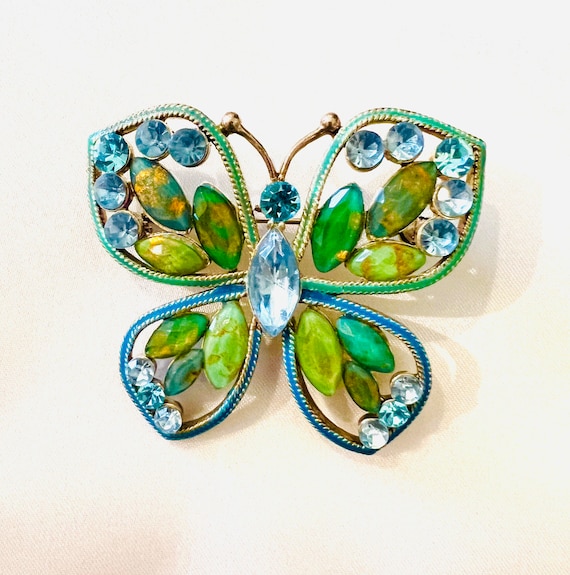 Vintage Foiled Glass Butterfly Brooch