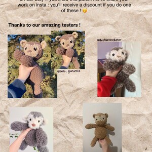 May include: Image featuring four handmade crochet plushies in various colors, including brown, gray, and white. The text reads "Congrats, you've finished this plushie!" and "Thanks to our amazing testers!" with Etsy and Instagram mentions.