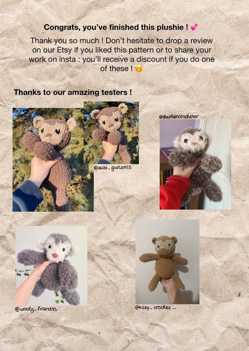 May include: Image featuring four handmade crochet plushies in various colors, including brown, gray, and white. The text reads "Congrats, you've finished this plushie!" and "Thanks to our amazing testers!" with Etsy and Instagram mentions.