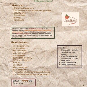 May include: A crochet pattern guide with a strawberry logo. The guide lists materials like brown and beige yarn, crochet hook, security eyes, and stuffing. It includes abbreviations and instructions for crocheting, with a difficulty rating and estimated time.