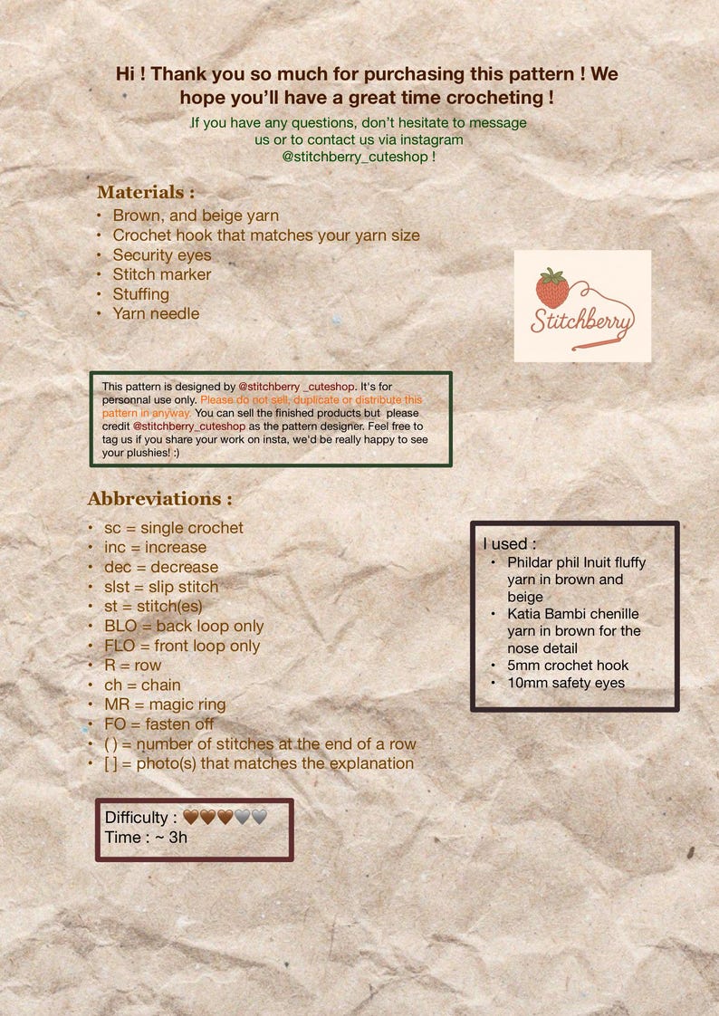 May include: A crochet pattern guide with a strawberry logo. The guide lists materials like brown and beige yarn, crochet hook, security eyes, and stuffing. It includes abbreviations and instructions for crocheting, with a difficulty rating and estimated time.