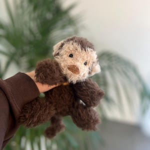 May include: A plush toy dog with brown fur and a tan face. The stuffed animal has a small brown nose and black eyes. The toy is held up against a blurred background of green leaves and a white wall.