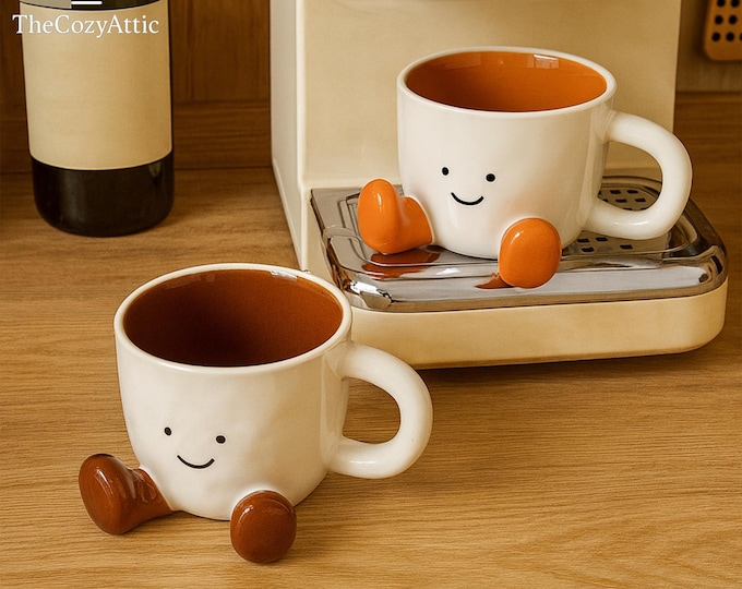 Cute Smiley Face Coffee Mug with Little Feet – Kawaii Ceramic Cup