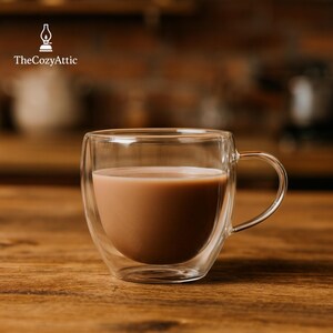 May include: A clear, double-walled glass mug filled with a light brown beverage. The mug has a handle and sits on a wooden surface. The logo "TheCozyAttic" is in the upper left corner.