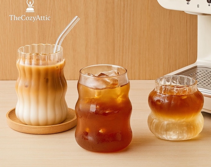 Ripple Glass Cup for Iced Coffee and Tea – Aesthetic Wavy Tumbler 7cm