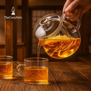 May include: A clear glass teapot with a built-in infuser is pouring tea into a clear glass mug. The tea is a golden color, and the teapot is filled with dried flowers. The Cozy Attic logo is in the upper left corner.