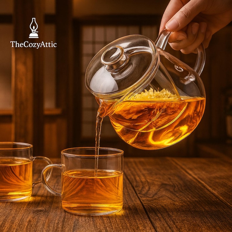 May include: A clear glass teapot with a built-in infuser is pouring tea into a clear glass mug. The tea is a golden color, and the teapot is filled with dried flowers. The Cozy Attic logo is in the upper left corner.