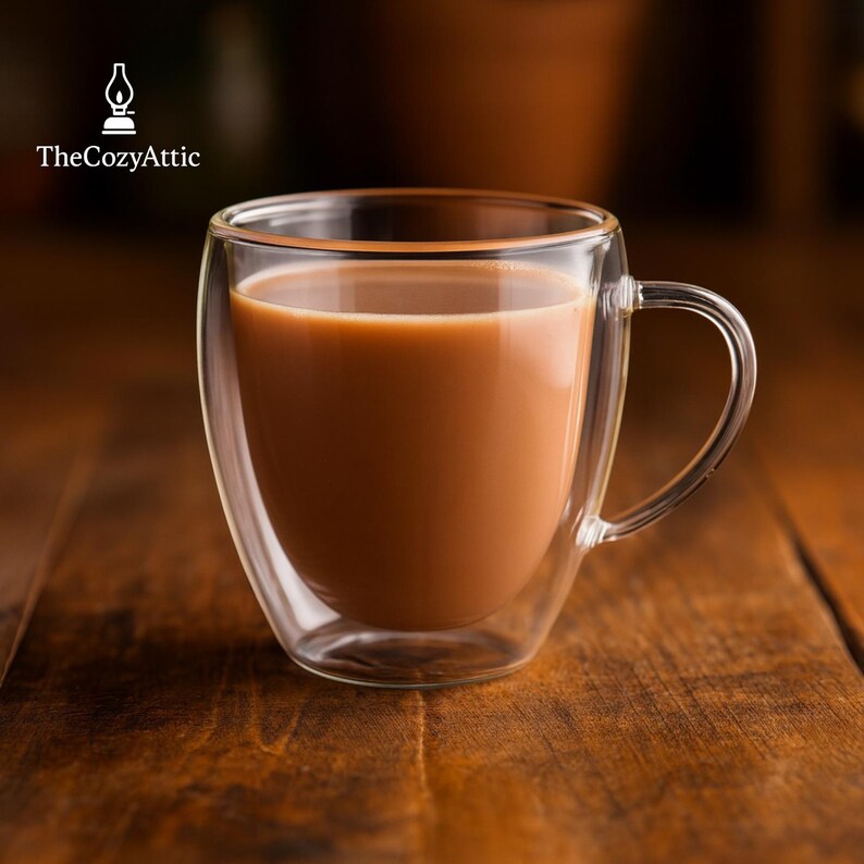 May include: A clear, double-walled glass mug filled with a light brown beverage, likely coffee or tea. The mug has a curved design and a handle. The Cozy Attic logo is visible in the upper left corner. The mug sits on a wooden surface.