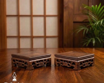 Square Wood Pedestal Stand | Oriental Carved Display Base | Zen Table Decor | Minimalist Bonsai Riser | Handcrafted Teapot Stand