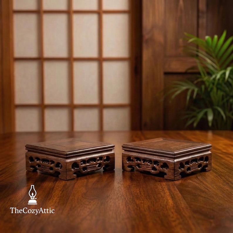Square Wood Pedestal Stand | Oriental Carved Display Base | Zen Table Decor | Minimalist Bonsai Riser | Handcrafted Teapot Stand The Serenity Duo