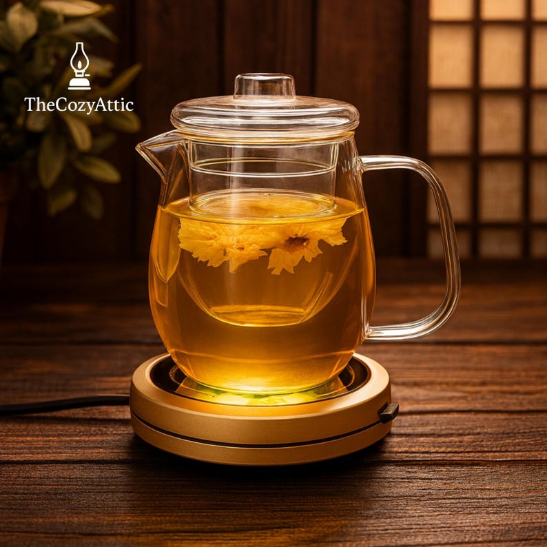 May include: A clear glass teapot with a built-in infuser, filled with golden tea and flowers, sits on a gold-colored warming base. The teapot has a handle and a lid. The Cozy Attic logo is in the upper left corner.