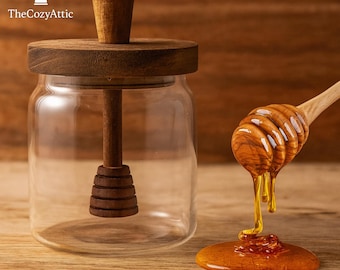 Rustic Wooden Lid Honey Jar with Dipper – Glass Honey Pot for Kitchen Storage