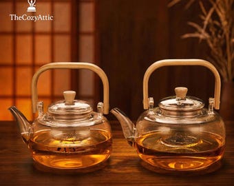 Glass Teapot with Wooden Handle | Minimalist Borosilicate Tea Kettle with Removable Infuser | Heat Resistant Stovetop Safe Tea Maker