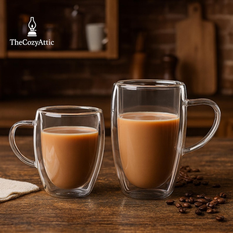 May include: Two clear glass mugs with coffee, featuring a double-walled design. The mugs have curved handles and are filled with a light brown beverage. The Cozy Attic logo is in the top left corner. Coffee beans are scattered on the wooden surface.
