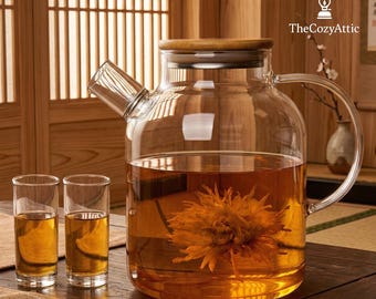 Handblown Borosilicate Glass Teapot with Bamboo Lid Heat Resistant Loose Leaf & Blooming Tea Kettle Modern Zen Tea Maker