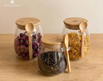 Airtight Glass Tea Jars with Bamboo Lid and Spoon | Zen Kitchen Storage Organizers | Minimalist Borosilicate Canisters for Coffee & Herbs