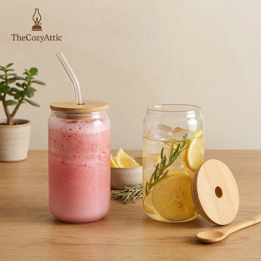Iced Coffee Glass Cup With Bamboo Lid and Straw | Can Shaped Tumbler ...