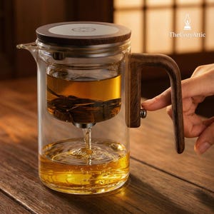 Glastekanna med tebryggare | Magnetisk tebryggare med trähandtag | Lösbladstekanna | Minimalistisk zen-teset | Mysig hempresent