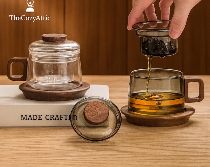 Japanese Wooden Glass Teapot Set – Minimalist Heat-Resistant Tea Brewer with Infuser and Cup