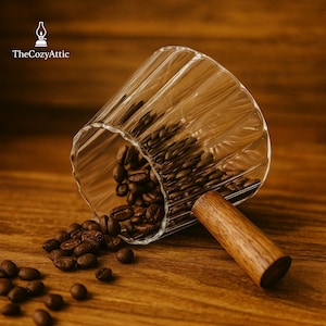 Puede incluir: Un vaso transparente con estrías verticales, volcado, derramando granos de café tostados sobre una superficie de madera. Un cilindro de madera descansa junto al vaso. El logotipo de TheCozyAttic está en la esquina superior izquierda.