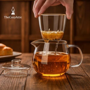 May include: A clear glass teapot with a handle and a lid, filled with tea. A glass infuser with a gold rim is held above the teapot, with tea being poured into the pot. The Cozy Attic logo is in the upper left corner. The teapot sits on a wooden surface.