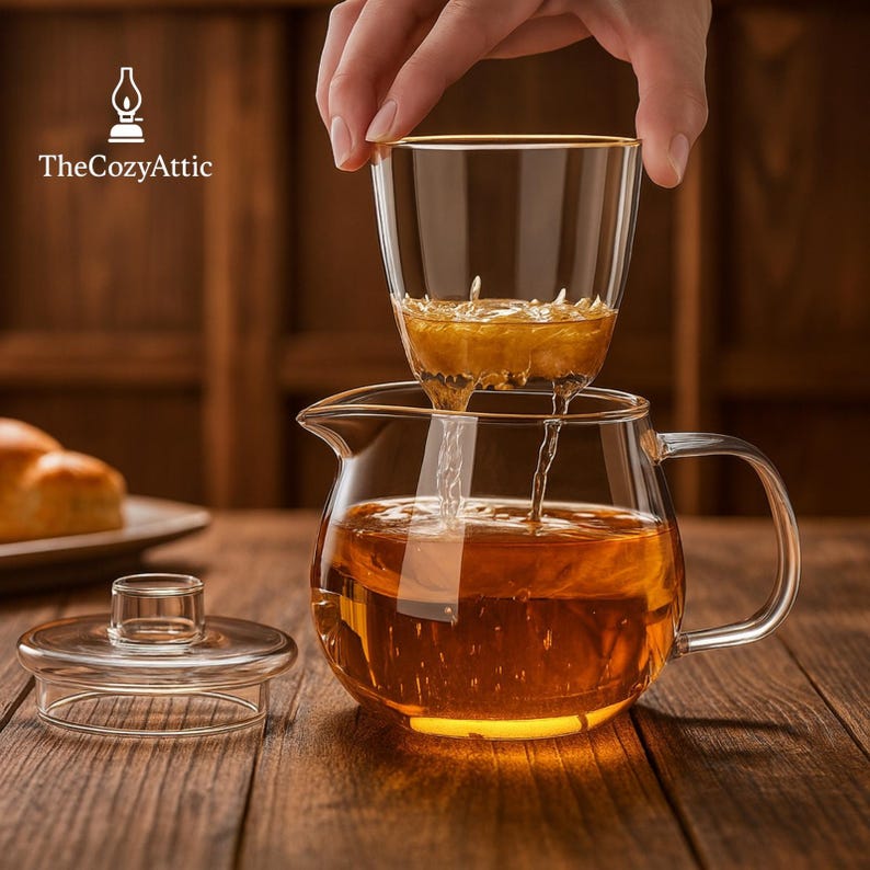 May include: A clear glass teapot with a handle and a lid, filled with tea. A glass infuser with a gold rim is held above the teapot, with tea being poured into the pot. The Cozy Attic logo is in the upper left corner. The teapot sits on a wooden surface.