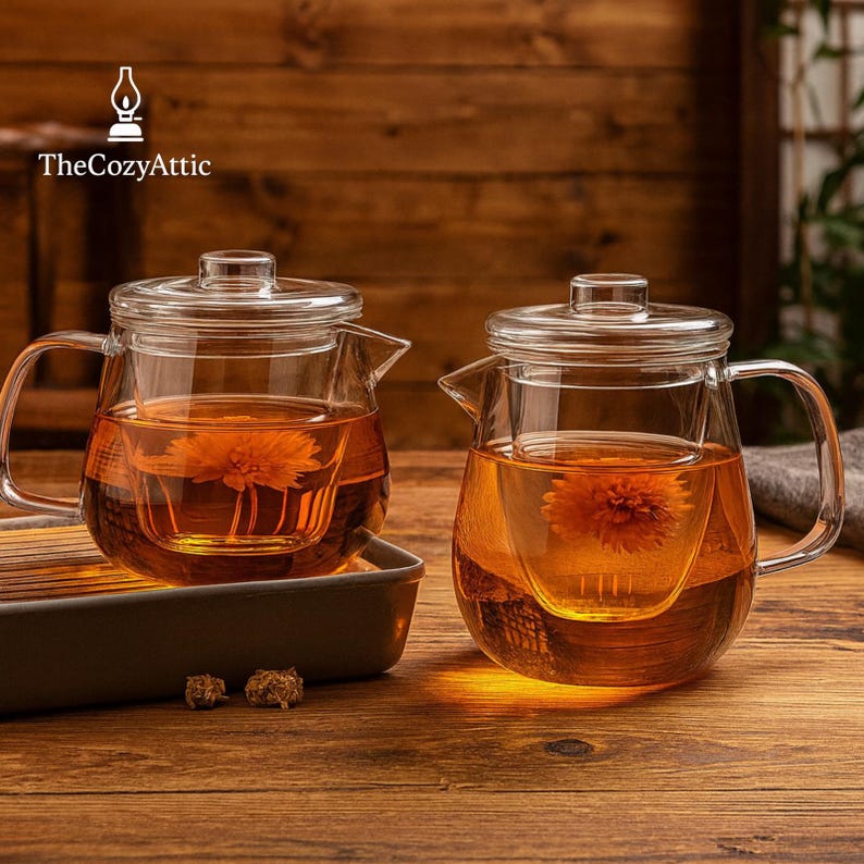May include: Two clear glass teapots with infusers, filled with amber-colored tea and a flower. Each teapot has a handle and a lid. The teapots sit on a wooden surface. The Cozy Attic logo is in the upper left corner.
