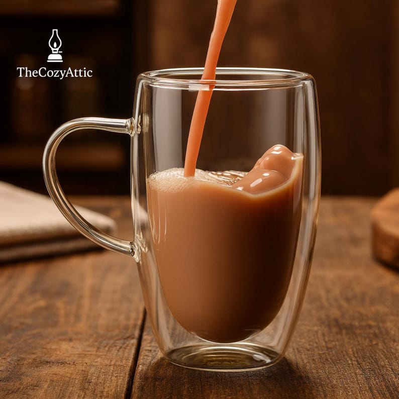 May include: A clear double-walled glass mug with a handle is being filled with a light brown liquid. The mug is on a wooden surface. The Cozy Attic logo is in the upper left corner.