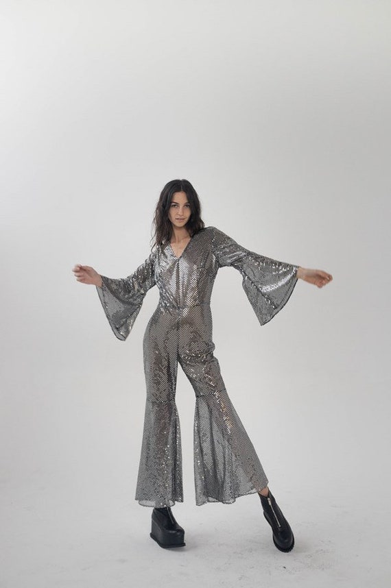Silver Sequin Disco Bell Bottom Jumpsuit / Size Sm