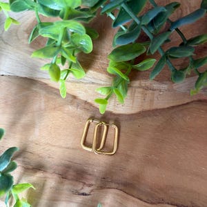 May include: A pair of gold-coloured, rectangular hoop earrings. The earrings are displayed on a wooden surface, with green leafy sprigs in the background. The earrings have a simple, modern design.