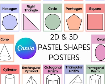 Pastelkleurige 2D- en 3D-posters met vormen: decor klasgeometrie (afdrukbaar)