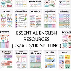 May include: A collection of educational posters with titles like "Nouns," "Verbs," and "Punctuation." The posters are colorful and feature illustrations and text. The phrase "ESSENTIAL ENGLISH RESOURCES (US/AUD/UK SPELLING)" is prominently displayed.