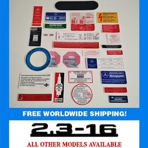 May include: A collection of various automotive stickers and labels, predominantly red, white, and blue. The stickers feature text and logos, including the Mercedes-Benz logo and the text "2.3-16". The image is set against a white background.