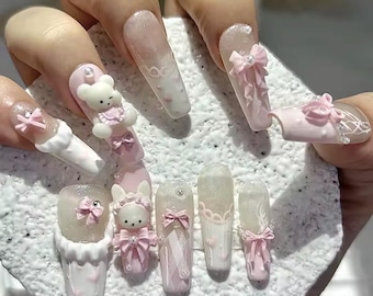 Kawaii Pink Ballerina Press On Nails 3D Bunny and Teddy Bear Nails  Lace Pearl Bow Nails  Cute Pastel Nail Set  Handmade Gel Nails