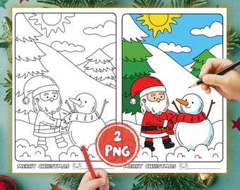 Christmas Coloring Pages for Kids | Santa & Snowman (2 PNG Instant Download)