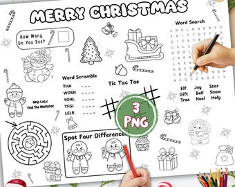 Christmas Activity Placemat for Kids: Games & Coloring (3 PNG)