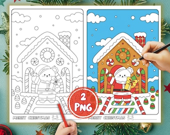Christmas Coloring Pages for Kids | Santa Bear, Gingerbread (2 PNG Instant Download)