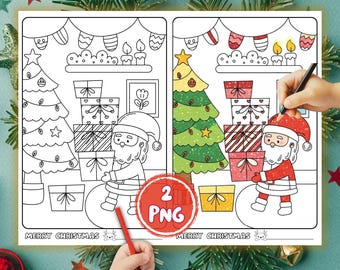 Christmas Coloring Pages: Santa and Bunny, Kids' Winter Activity (2 PNG Instant Download)