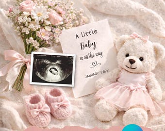 Neutral Baby Girl Announcement Editable Canva, Teddy Bear Pregnancy Reveal Template, Instant Digital Download