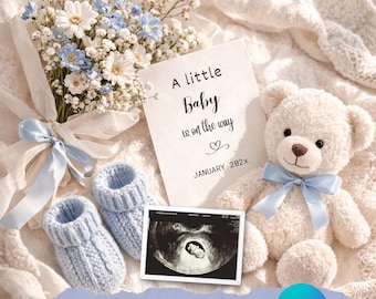 Neutral Baby Boy Announcement Editable Canva, Teddy Bear Pregnancy Reveal Template, Instant Digital Download