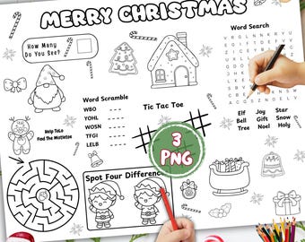 Christmas Activity Placemat: Printable Holiday Games for Kids (3 PNG)