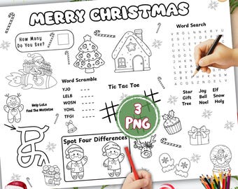 Christmas Activity Placemat for Kids: Holiday Games (3 PNG)