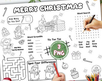 Christmas Activity Placemat: Printable Holiday Games (3 PNG)