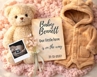 Boho Teddy Bear Baby Announcement Template Canva, Gender Neutral Pregnancy Reveal (Instant Download)
