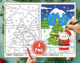 Christmas Coloring Pages for Kids | Santa Bear, Bunny (2 PNG Instant Download)