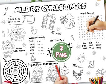 Christmas Activity Placemat: Printable Holiday Games for Kids (3 PNG)